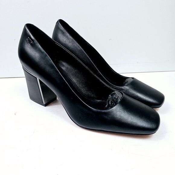 DKNY Celsa Black Leather Square Toe Chunky Block Heel Pump Size 8.5 NIB NWT - Picture 2 of 12